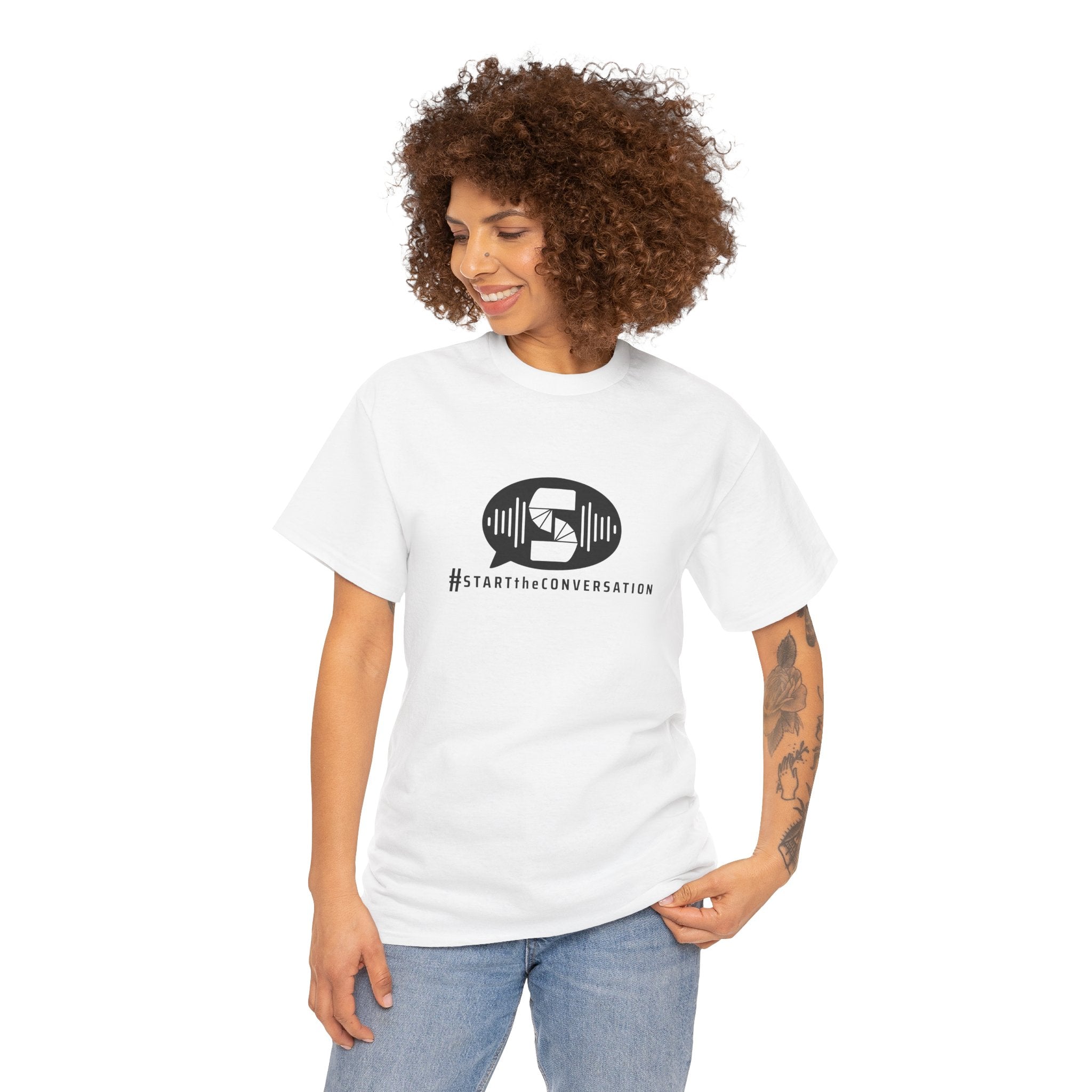 start the conversation front print tee